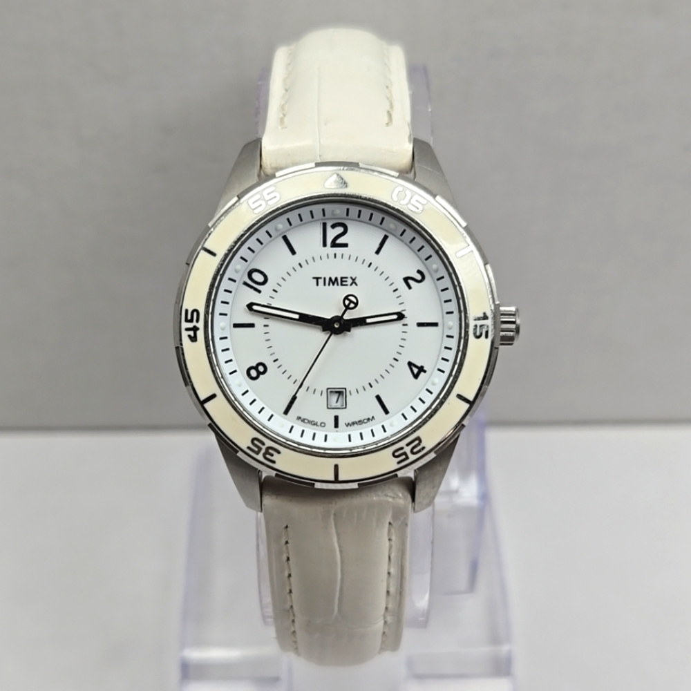 Womens Timex Premium Date Watch White Silver WR50M Rotating Bezel New Battery